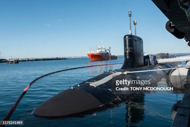 Navy Virginia-class submarine, USS North Carolina, docks at the HMAS Stirling port in Rockingham on the outskirts of Perth on August 4, 2023. A US...