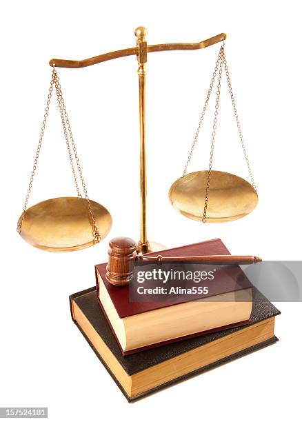 gavel, law books and justice scale isolated on white - criminal justice concept stock pictures, royalty-free photos & images