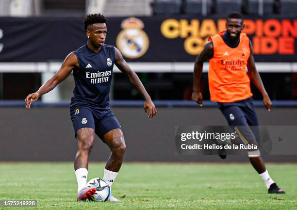 Vinicius Junior and Antonio Rudiger of Real Madrid during training on July 27, 2023 in Dallas, Texas.