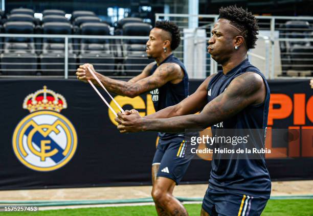 Vinicius Junior and Eder Militao of Real Madrid during training on July 27, 2023 in Dallas, Texas.