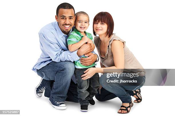 familie von drei auf weiß - woman kneeling stock-fotos und bilder