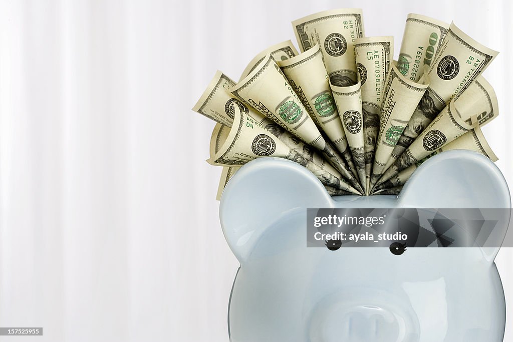 Piggy bank with hundred dollars.