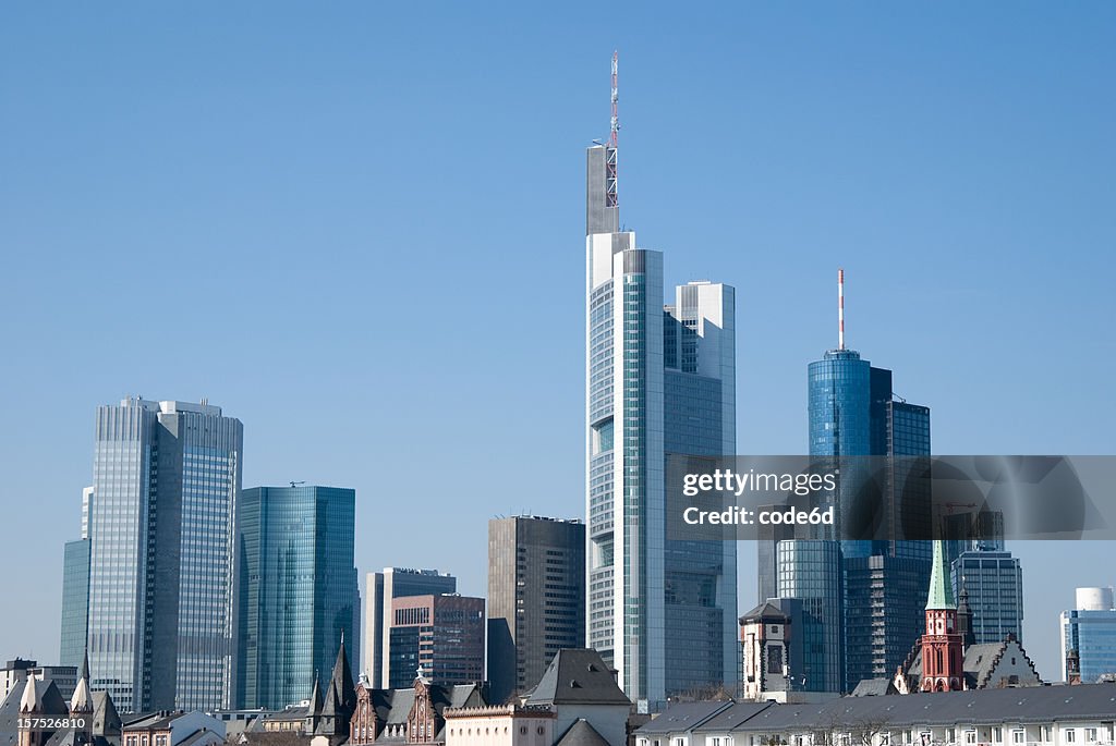 Frankfurt financial district skyline, blue sky, copy space