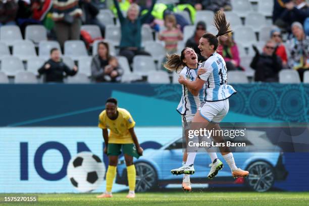 Sophia Braun of Argentina celebrates with teammate Romina Nunez after scoring her team's first goal during the FIFA Women's World Cup Australia & New...