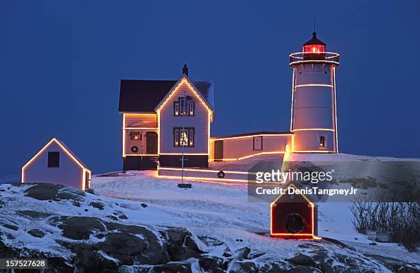 cape neddick lighthouse - maine winter stock pictures, royalty-free photos & images