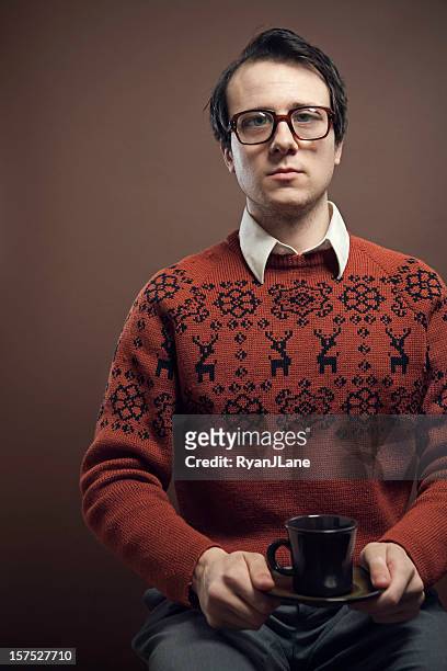 vintage nerd with reindeer sweater - ugly people stock pictures, royalty-free photos & images