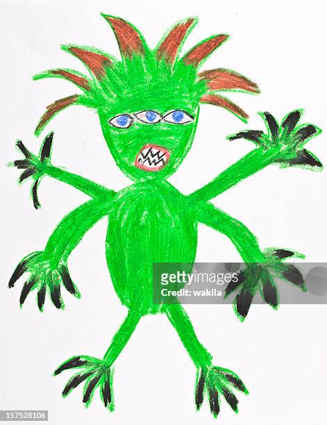 green monster drawing by child - animal drawn stock pictures, royalty-free photos & images