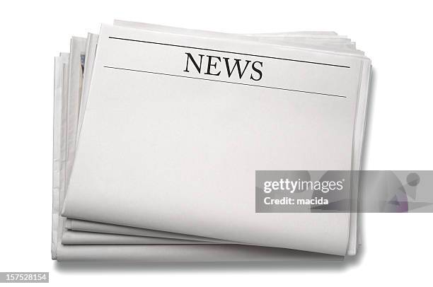 a stack of blank newspapers against a white background - in the news stockfoto's en -beelden