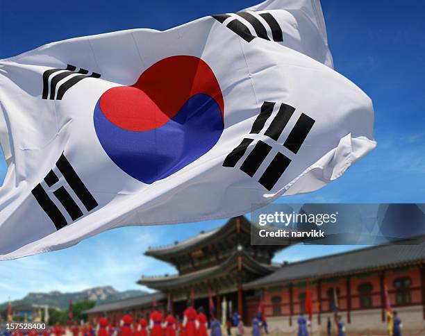 drapeau sud-coréen devant le palais de gyeongbokgung - corée du sud photos et images de collection