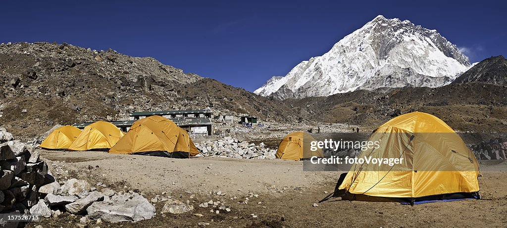 Base camp tents Himalaya peaks Nuptse Gorak Shep Nepal panorama