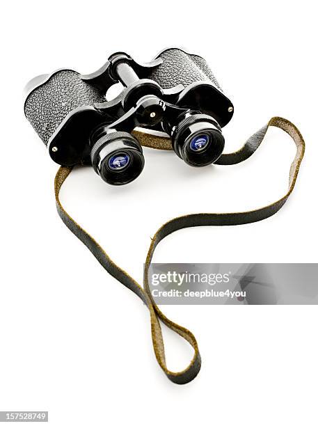 old black binoculars on white - handtelescoop stockfoto's en -beelden