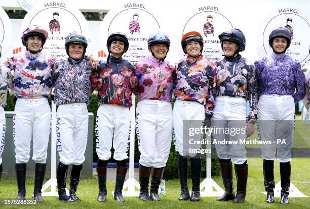 Jockeys Roya Nikkhah, Annabelle Hadden-Wight, Khadija Al Bastaki, Carolina Miller, Lyn Comerford, Elizabeth Prosser and Katie Dorsett before The...