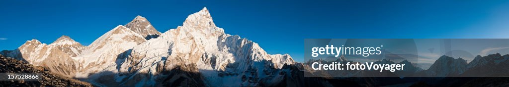 Everest summit sunset panorama snow capped peaks glaciers Himalayas Nepal