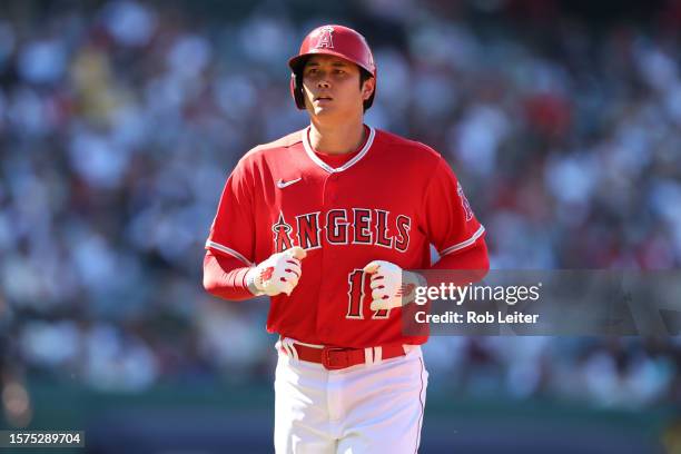 Shohei Ohtani of the Los Angeles Angels looks on during the game against the New York Yankees at Angel Stadium of Anaheim on July 19, 2023 in...