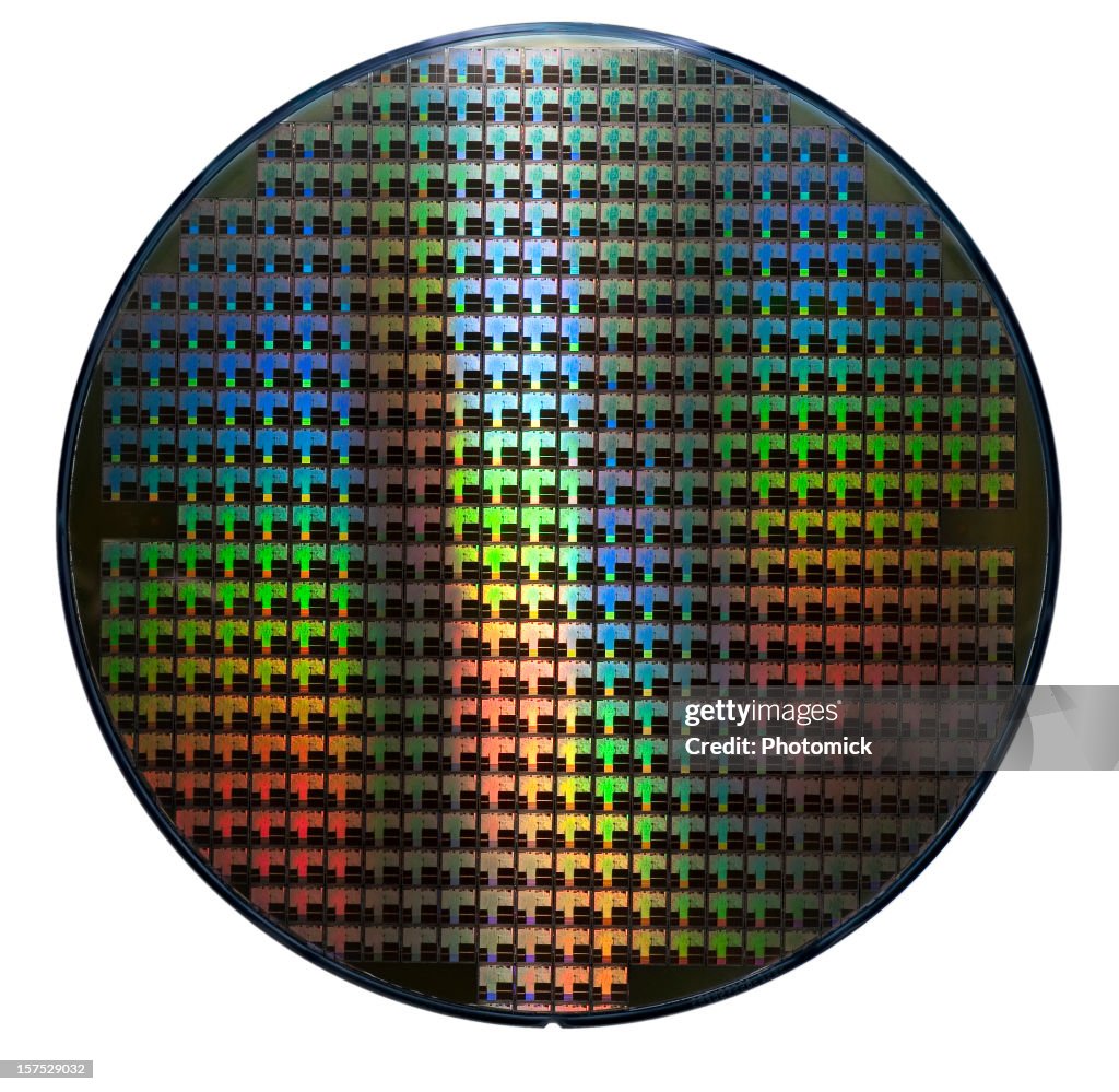 Computer wafer showing rainbow color patterns