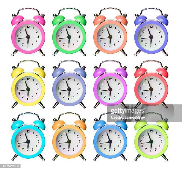 twelve colorful alarm clocks - andy warhol art stock pictures, royalty-free photos & images