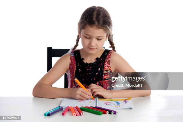 cute child drawing with felt markers in notebook - children drawing white background bildbanksfoton och bilder