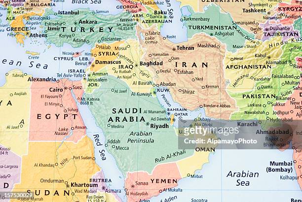 middle east, persian gulf and pakistan/afganistan region map - iii - west asia stock pictures, royalty-free photos & images