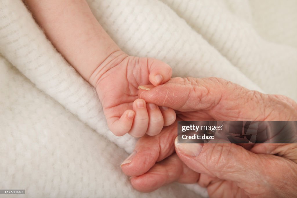 Recién nacido bebé sosteniendo bisabuela de la mano