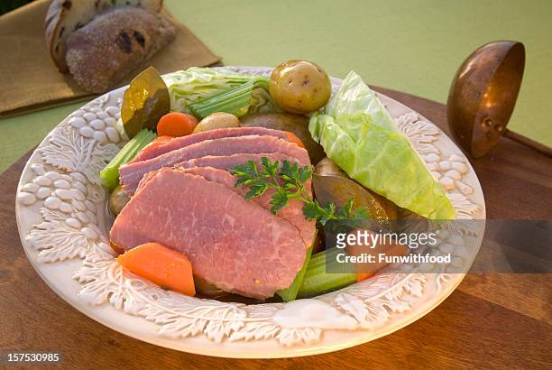 corned beef brisket dinner & vegetable st. patrick's day irish food - brisket stock pictures, royalty-free photos & images