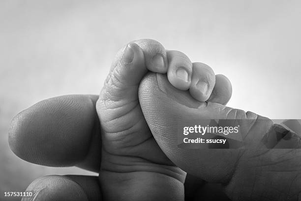 newborn baby tiny hand holding large adult man fingers - black and white holding hands stock pictures, royalty-free photos & images