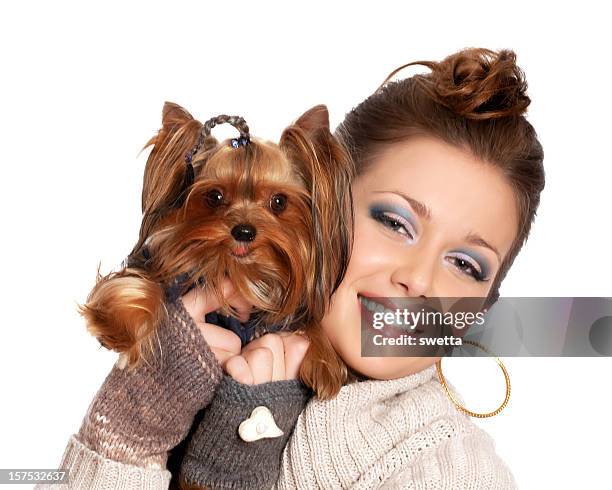 beauty and her dog. - smiling brown dog stock pictures, royalty-free photos & images