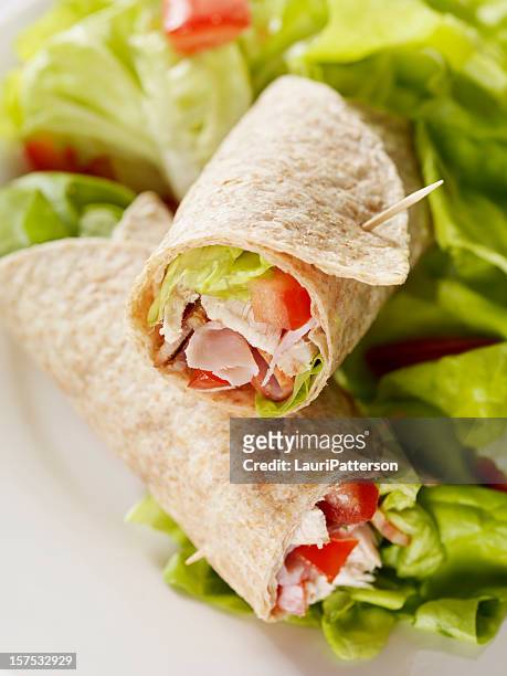club sandwich wrap with garden salad - wrap up stock pictures, royalty-free photos & images