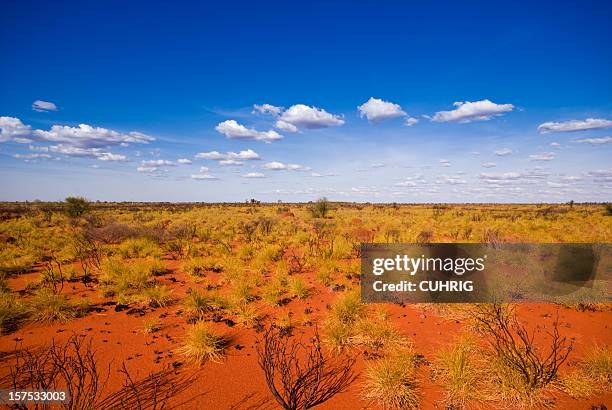 outback landscape showing the blue sky and orange sands - rural australia stock pictures, royalty-free photos & images