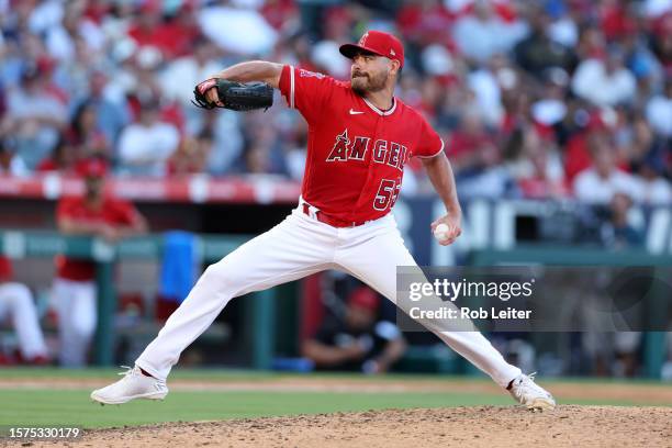 Matt Moore of the Los Angeles Angels pitches during the game against the New York Yankees at Angel Stadium of Anaheim on July 19, 2023 in Anaheim,...