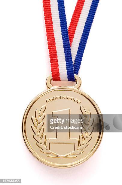 isolated gold medal with ribbon - gouden medaille stockfoto's en -beelden