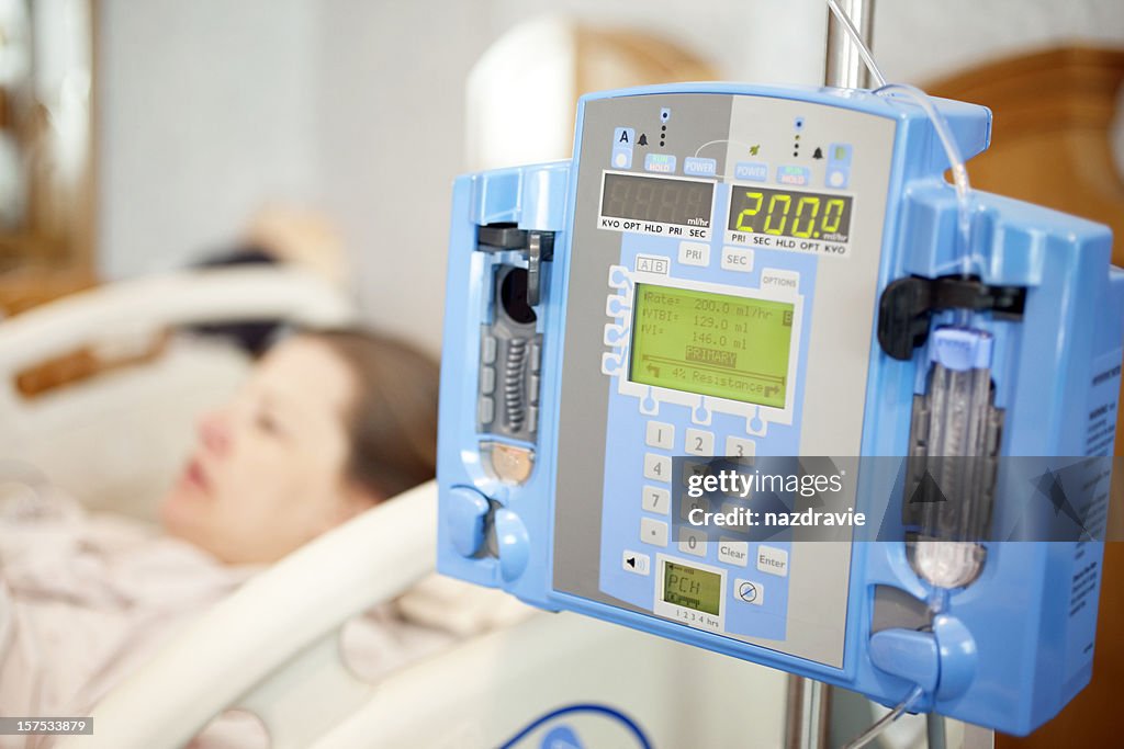 Intravenous IV Drip Pump In a Hospital Room with Patient