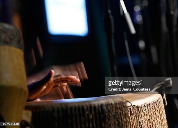 Drummer plays as the African Childrens Choir performs during the 4th Annual African Children's Choir Fundraising Gala at City Winery on December 3,...