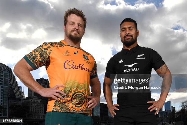 James Slipper of the Wallabies and Ardie Savea of the All Blacks pose during a Bledisloe Cup Media Opportunity run at Southbank on July 28, 2023 in...