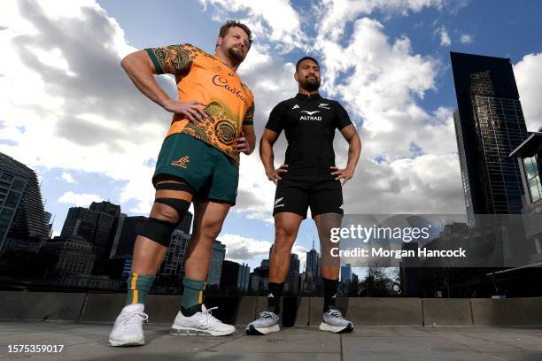 James Slipper of the Wallabies and Ardie Savea of the All Blacks pose during a Bledisloe Cup Media Opportunity run at Southbank on July 28, 2023 in...