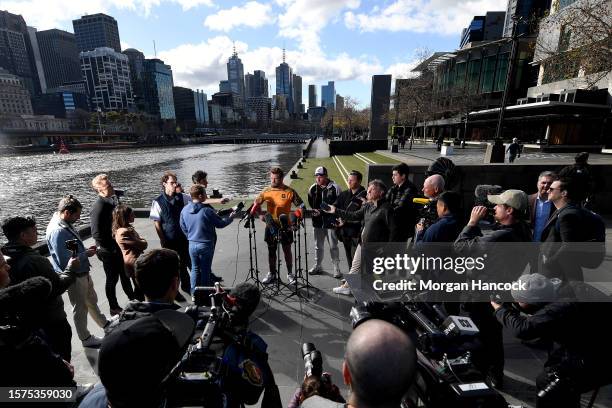 James Slipper of the Wallabies speaks to media during a Bledisloe Cup Media Opportunity run at Southbank on July 28, 2023 in Melbourne, Australia.