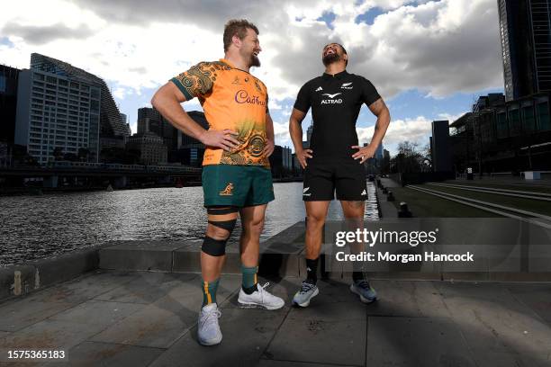 James Slipper of the Wallabies and Ardie Savea of the All Blacks pose during a Bledisloe Cup Media Opportunity at Southbank on July 28, 2023 in...