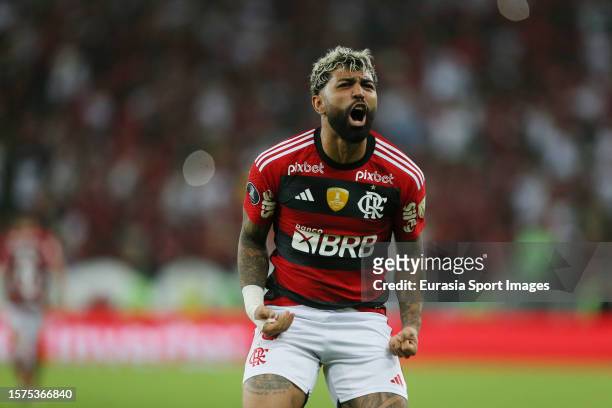 Gabriel Barbosa of Flamengo celebrates Bruno Henrique goal's during Copa CONMEBOL Libertadores match between Flamengo and Olimpia at Maracana Stadium...