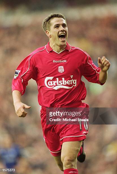 Michael Owen of Liverpool celebrates scoring the opening goal of the match during the FA Barclaycard Premiership match against Middlesbrough played...