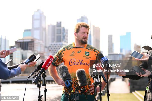 James Slipper of the Wallabies speaks to media during a Bledisloe Cup Media Opportunity at Southbank on July 28, 2023 in Melbourne, Australia.