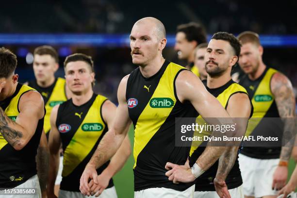 Kamdyn McIntosh of the Tigers looks dejected after a loss during the 2023 AFL Round 21 match between the Western Bulldogs and the Richmond Tigers at...