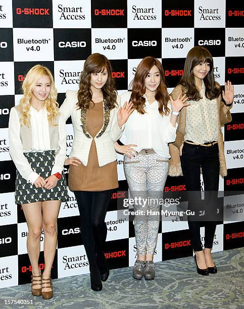 Hyoyeon, Seohyun, Tiffany and Sooyoung of Girls' Generation attend during the promotional event of 'Evolution of CASIO 2013' at Novotel Ambassador...