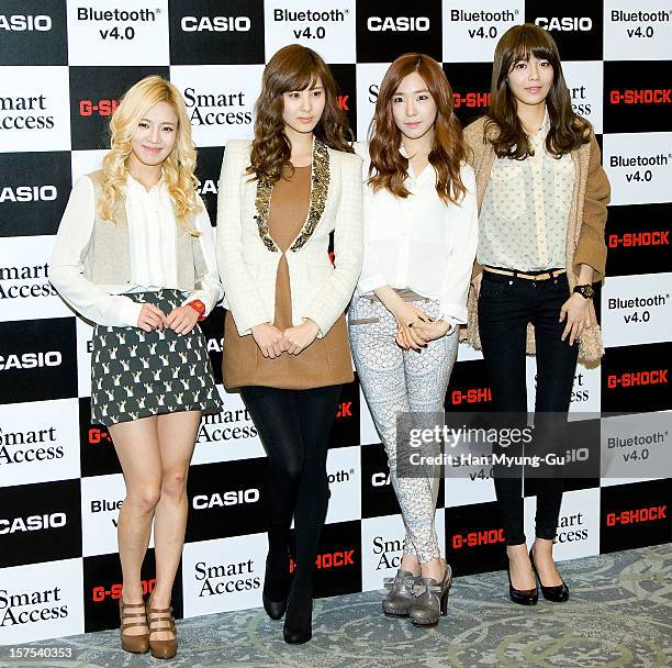 Hyoyeon, Seohyun, Tiffany and Sooyoung of Girls' Generation attend during the promotional event of 'Evolution of Casio 2013' at Novotel Ambassador...