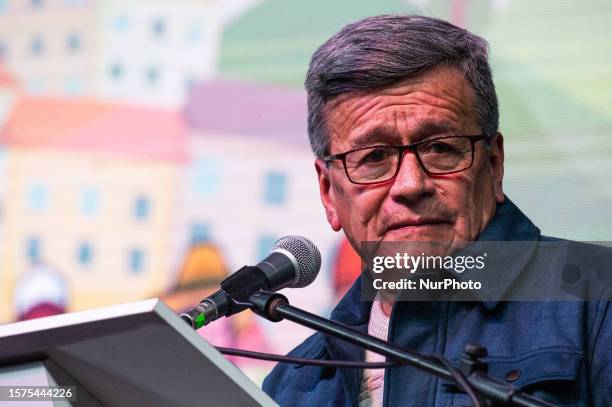 Colombia's National Liberation Army 'ELN' leader Israel Ramirez,alias 'Pablo Beltran' speaks during a ceremony to begin a six-month cease-fire as...