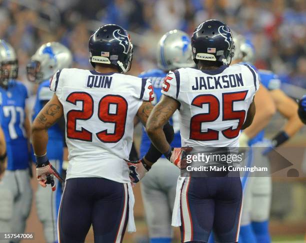 Glover Quin and Kareem Jackson of the Houston Texans look on during the game against the Detroit Lions at Ford Field on November 22, 2012 in Detroit,...