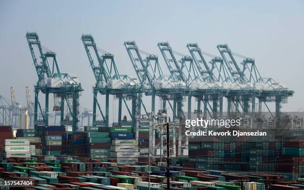 Dock cranes stand idle as the International Longshore and Warehouse Union strike putting a halt to most of the work at Los Angeles and Long Beach...