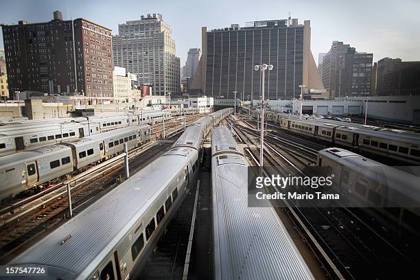 Trains sit on tracks after a groundbreaking ceremony for the Hudson Yards development which is expected to boast 13 million square feet of...
