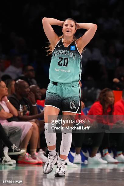 Sabrina Ionescu of the New York Liberty reacts against the Atlanta Dream at the Barclays Center on July 27, 2023 in the Brooklyn borough of New York...