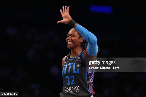 Cheyenne Parker of the Atlanta Dream reacts against the New York Liberty at the Barclays Center on July 27, 2023 in the Brooklyn borough of New York...