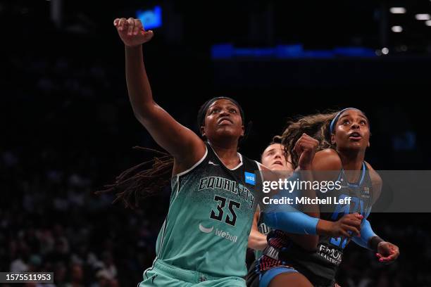 Jonquel Jones of the New York Liberty boxes out Cheyenne Parker of the Atlanta Dream at the Barclays Center on July 27, 2023 in the Brooklyn borough...