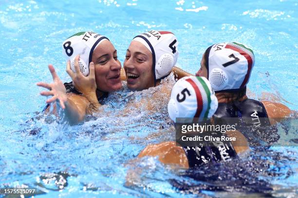 Members of Team Italy celebrate winning the Women's Water Polo Bronze Medal Match between Italy and Australia on day 13 of the Fukuoka 2023 World...